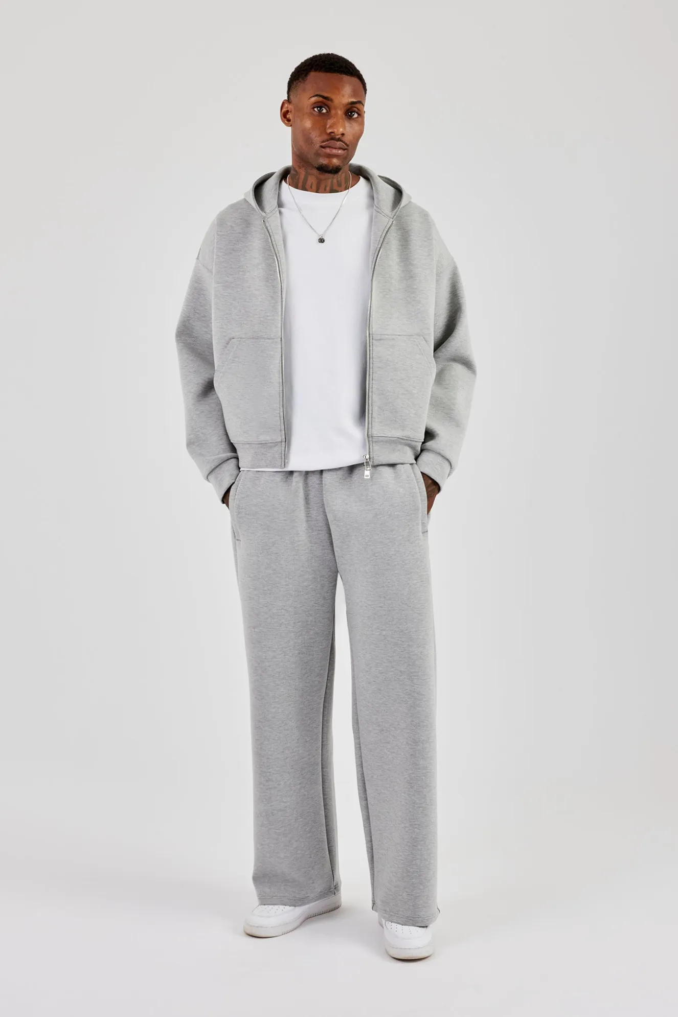 Scuba Zip Through Boxy Hoodie & Wide Leg Trouser - Grey