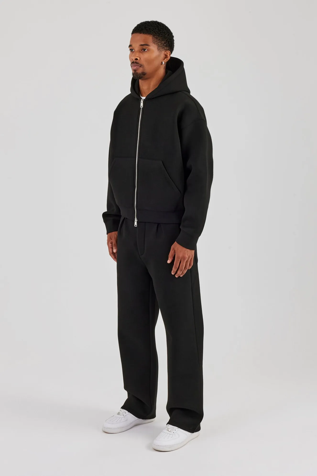 Scuba Zip Through Boxy Hoodie & Relaxed Trouser - Black