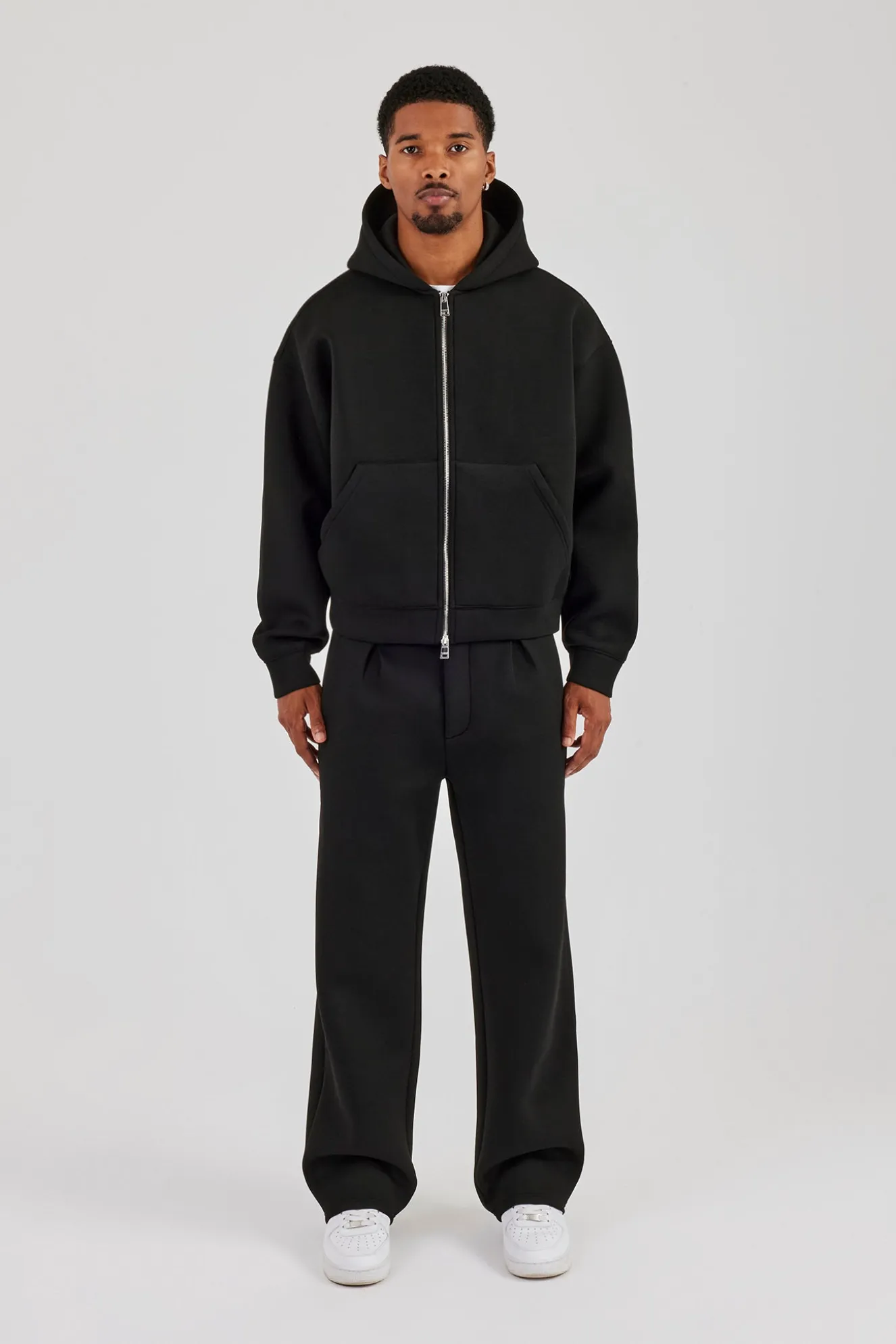 Scuba Zip Through Boxy Hoodie & Relaxed Trouser - Black
