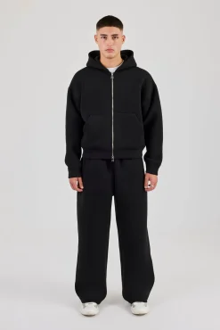 Scuba Zip Through Boxy Hoodie & Baggy Fit Trouser - Black