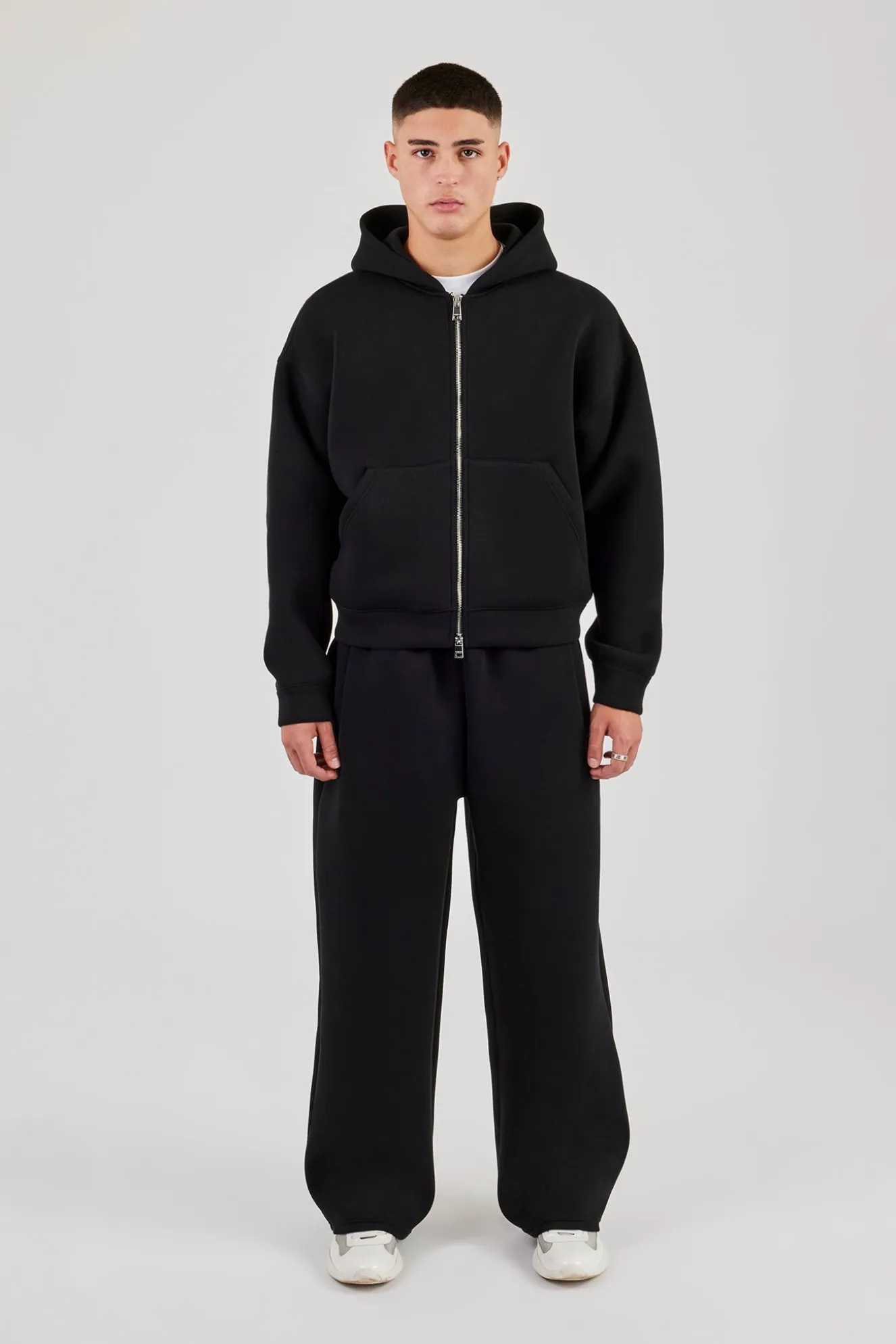 Scuba Zip Through Boxy Hoodie & Baggy Fit Trouser - Black