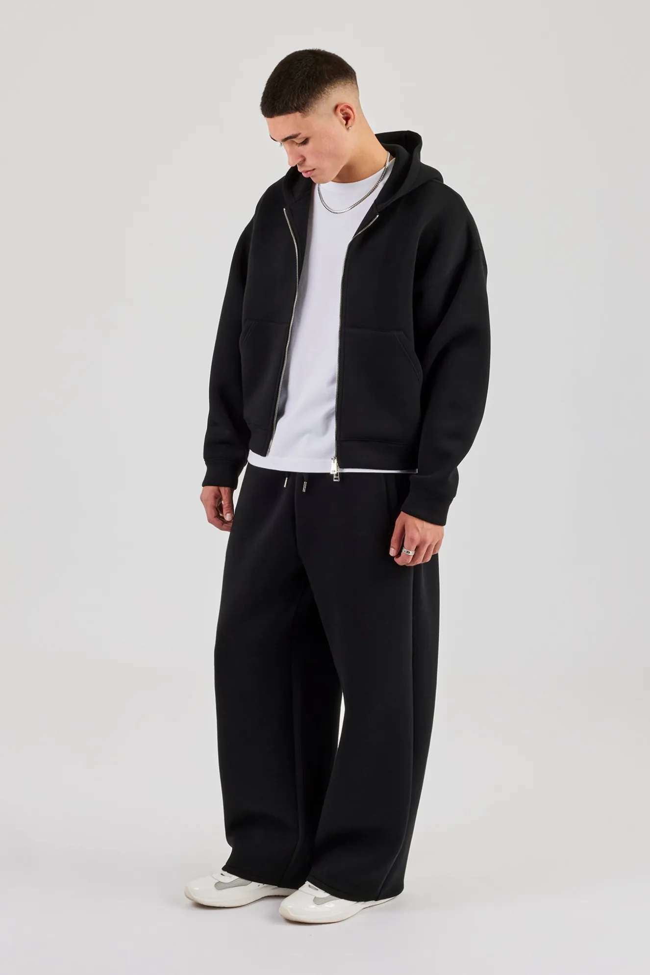 Scuba Zip Through Boxy Hoodie & Baggy Fit Trouser - Black