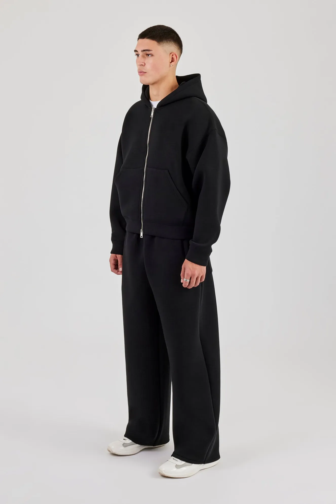 Scuba Zip Through Boxy Hoodie & Baggy Fit Trouser - Black