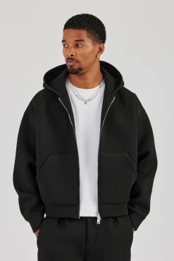 Scuba Zip Through Boxy Hoodie - Black