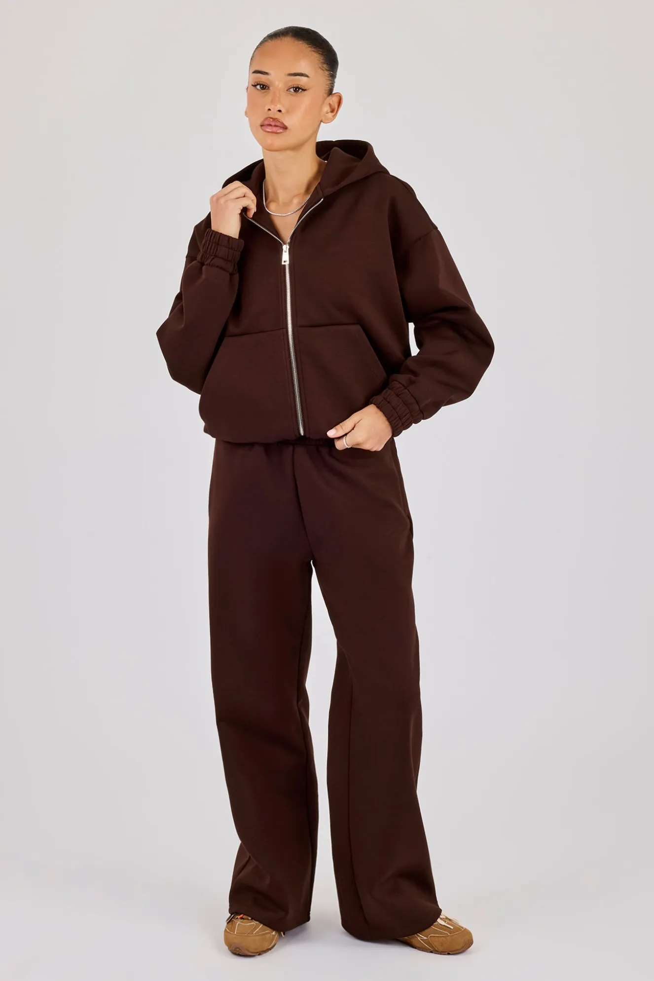 Scuba Zip Through Hoodie & Wide Leg Jogger - Chocolate