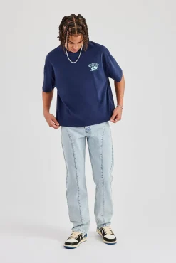 Seam Detail Straight Leg Jean - Light Blue