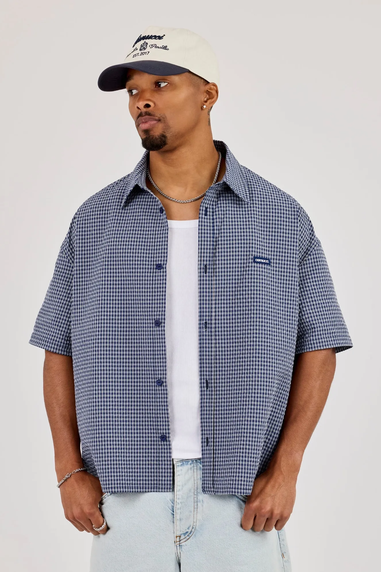 Short Sleeve Boxy Check Shirt - Navy