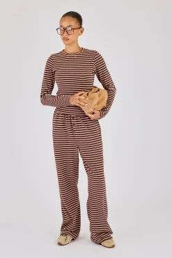 Soft Touch Double Stripe Long Sleeve Top & Wide Leg Trouser - Chocolate