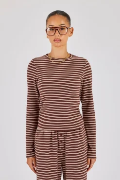 Soft Touch Double Stripe Long Sleeve Top - Chocolate