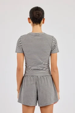 Soft Touch Double Stripe Short Sleeve Top - Grey