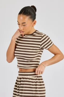 Soft Touch Double Stripe Short Sleeve Top - Beige