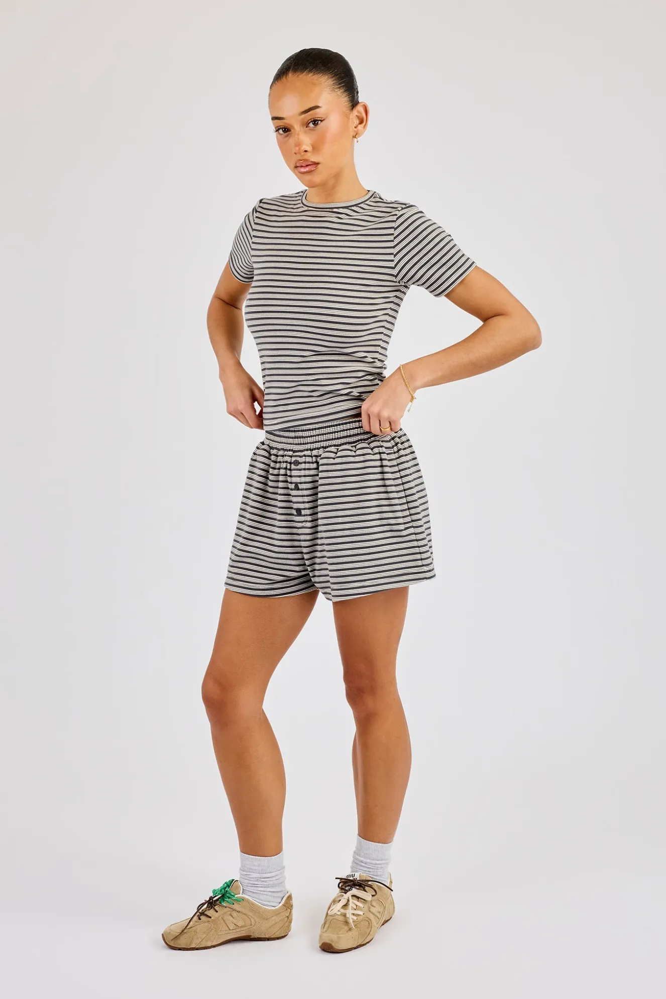 Soft Touch Double Stripe Short Sleeve Top & Short - Grey