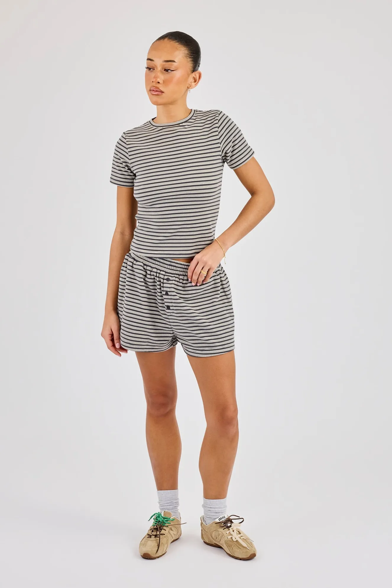 Soft Touch Double Stripe Short Sleeve Top & Short - Grey