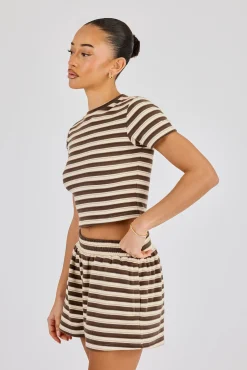 Soft Touch Double Stripe Short Sleeve Top & Short - Beige