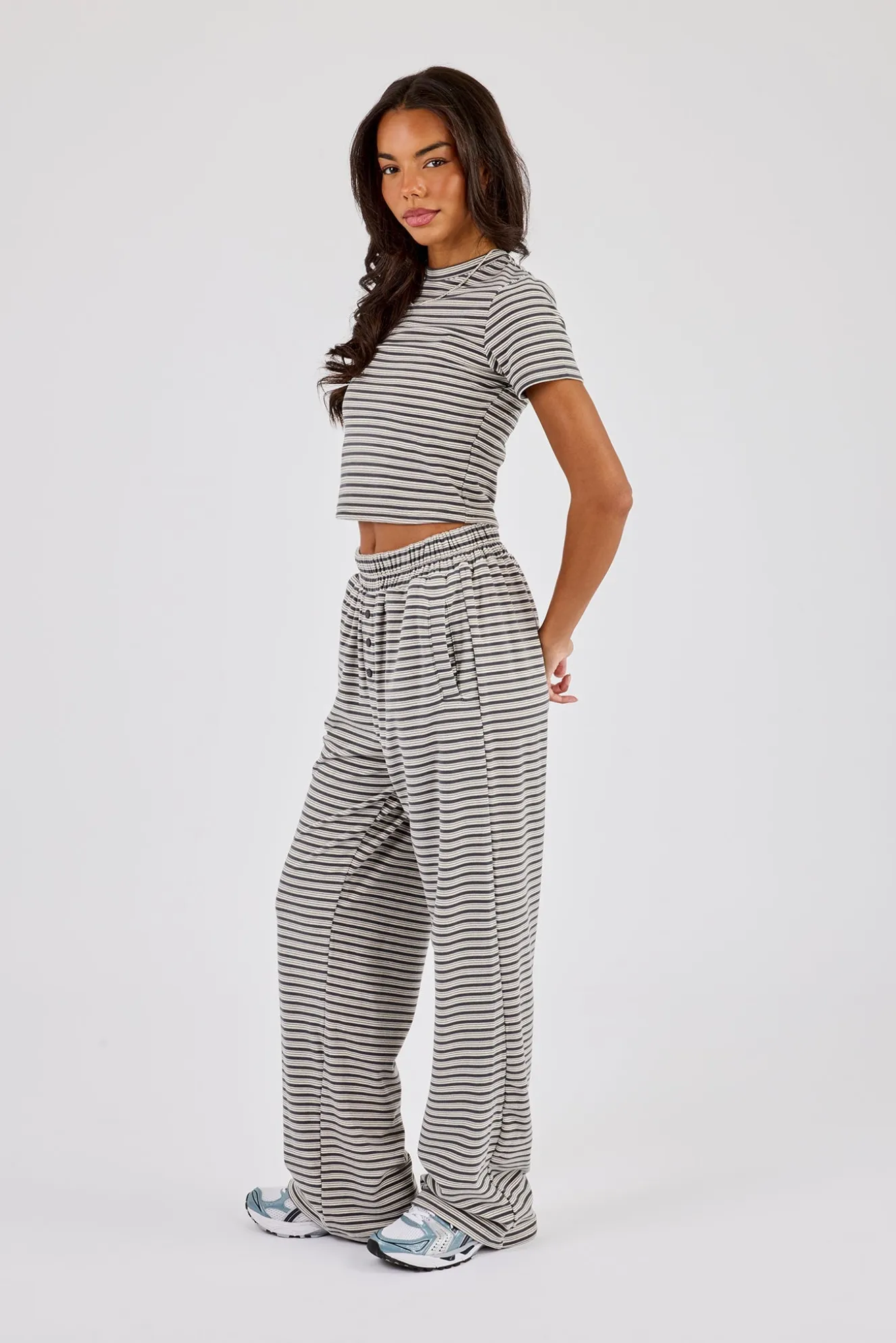 Soft Touch Double Stripe Short Sleeve Top & Button Detail Wide Leg Jogger - Grey