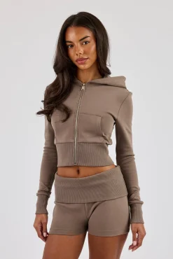 Soft Touch Rib Contrast Fitted Zip Through - Taupe