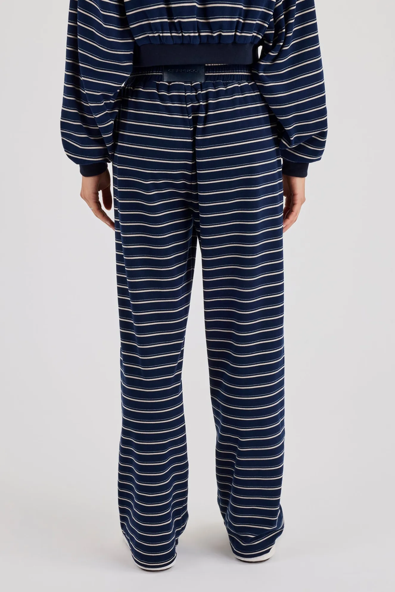 Soft Touch Stripe Button Detail Wide Leg Jogger - Navy