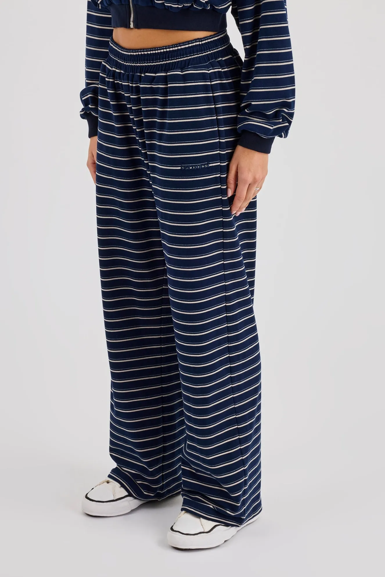 Soft Touch Stripe Button Detail Wide Leg Jogger - Navy