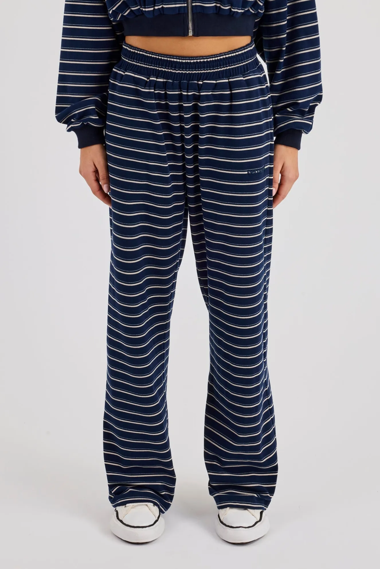 Soft Touch Stripe Button Detail Wide Leg Jogger - Navy