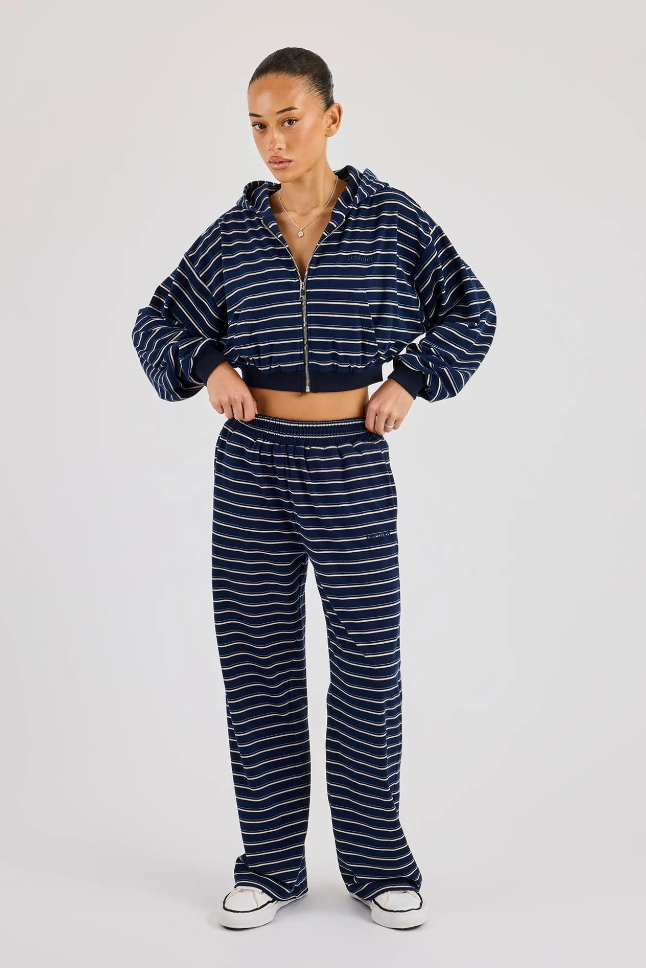 Soft Touch Stripe Button Detail Wide Leg Jogger - Navy