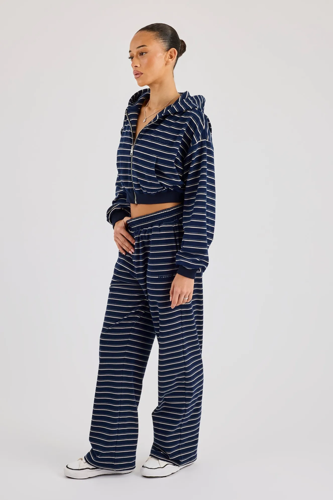 Soft Touch Stripe Zip Through Hoodie & Wide Leg Jogger - Navy