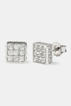 Square Box Iced Stud Earrings - 8mm - White