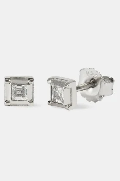 Square Polished & Iced Stud Earrings - 5mm - White