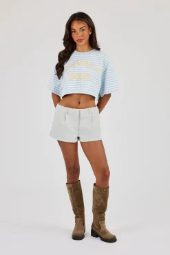 Striped Chain Stitch Cropped T-Shirt - Baby Blue
