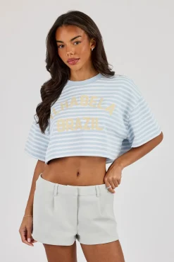 Striped Chain Stitch Cropped T-Shirt - Baby Blue