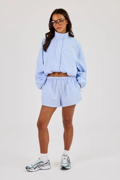 Stripe Nylon Funnel Neck Jacket & Nylon Short - Light Blue
