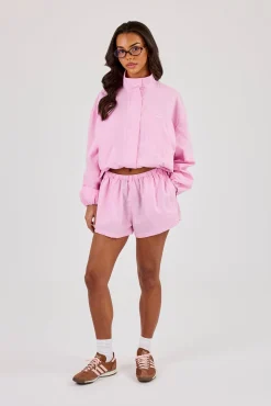 Stripe Nylon Funnel Neck Jacket & Short & Pink