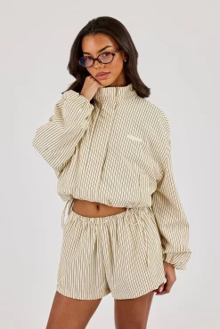 Stripe Nylon Funnel Neck Jacket - Butter Yellow