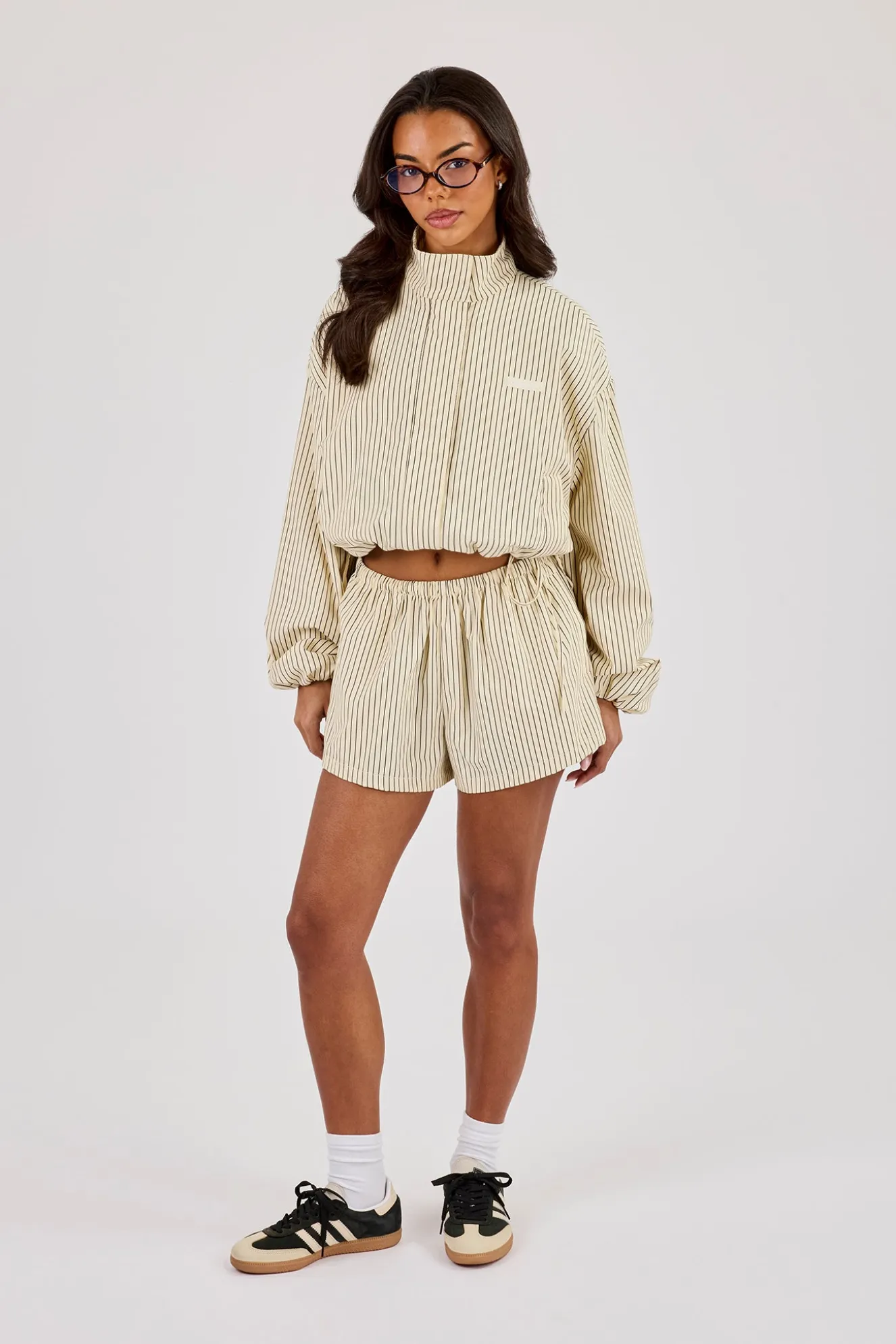 Stripe Nylon Funnel Neck Jacket - Butter Yellow