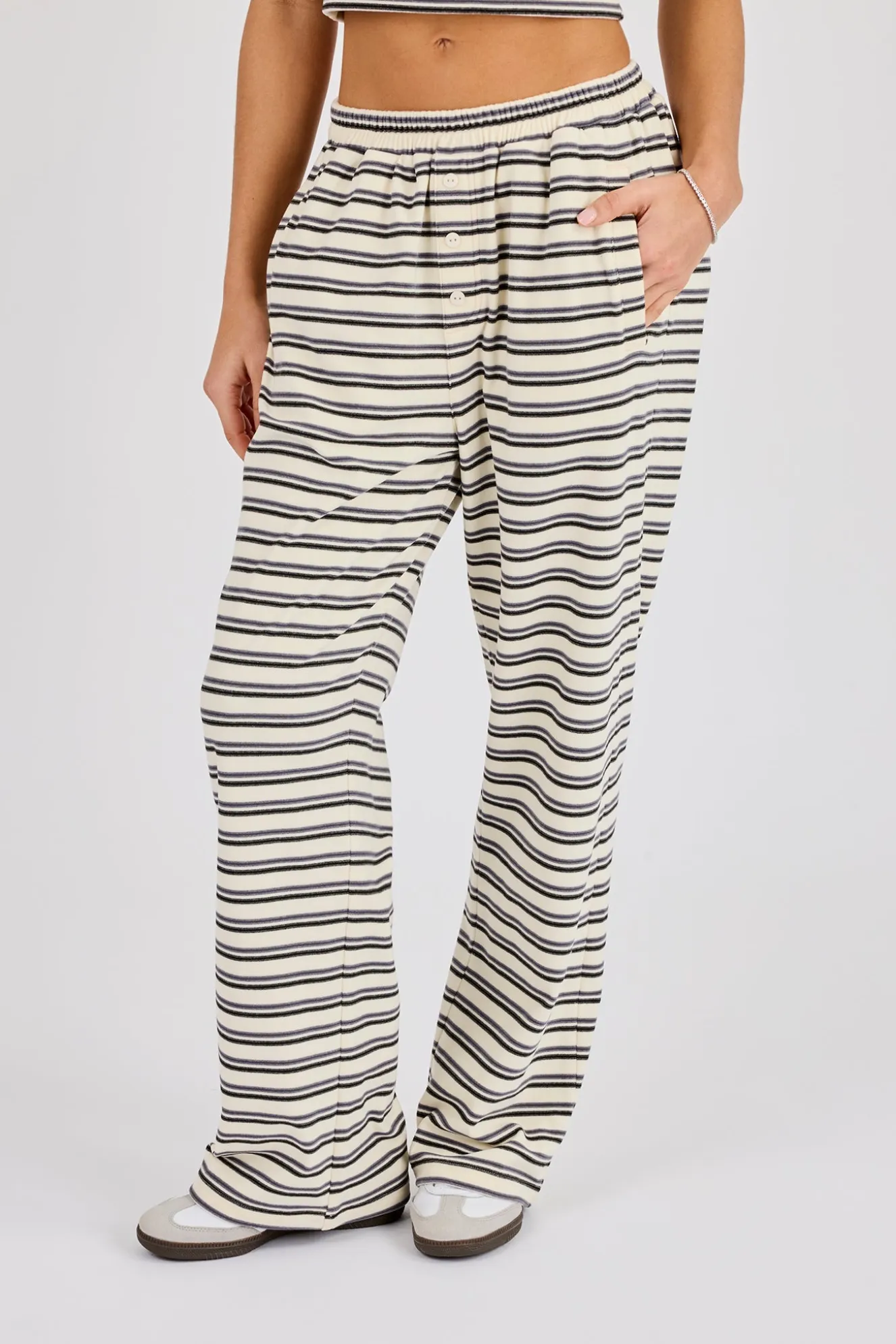 Stripe Soft Touch Button Detail Wide Leg Jogger - Blue