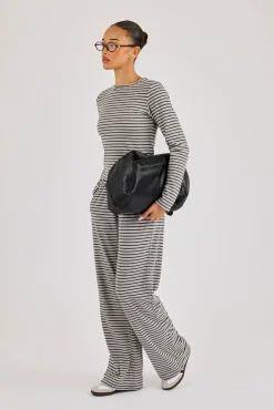 Stripe Soft Touch Button Detail Wide Leg Jogger - Grey