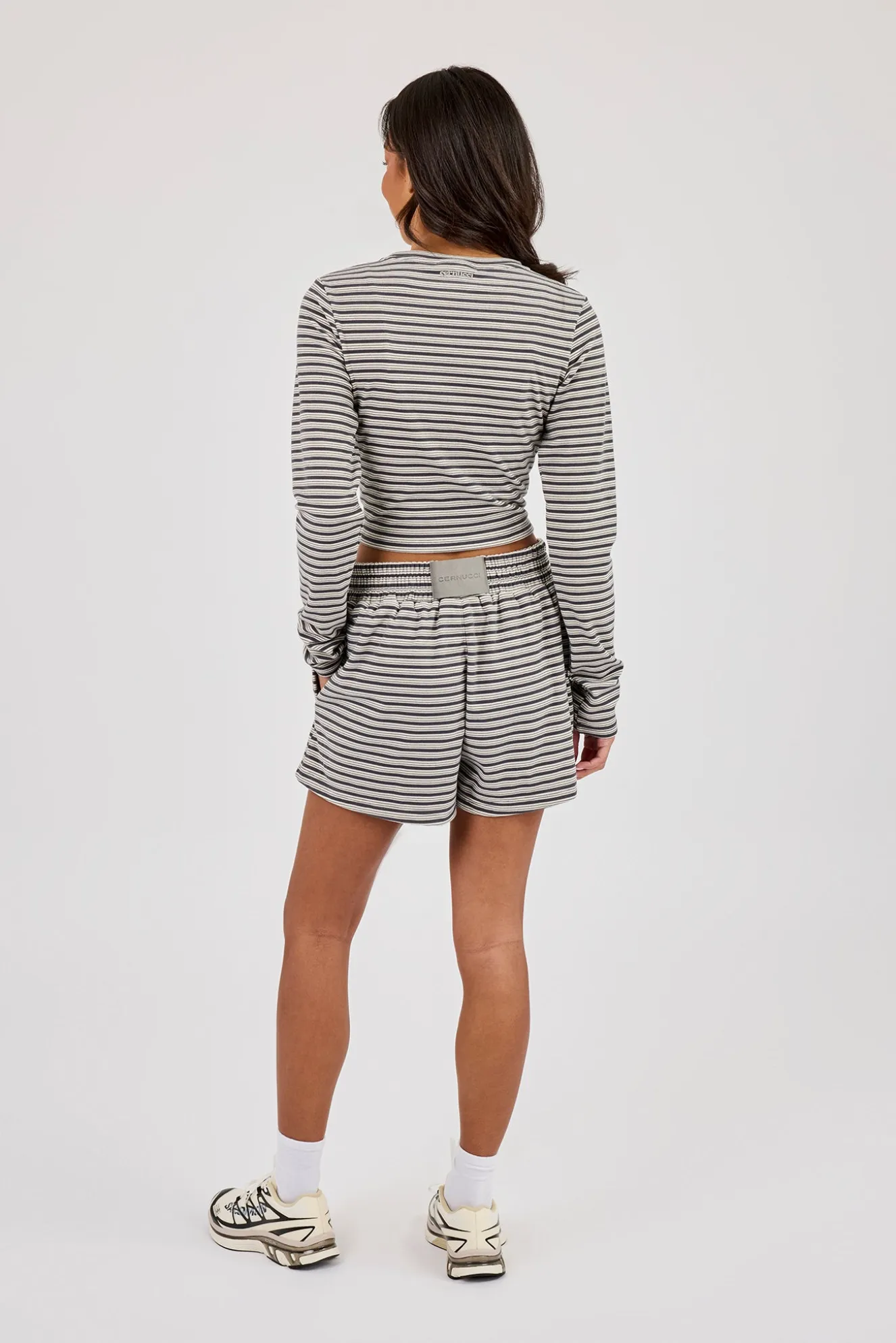 Stripe Soft Touch Long Sleeve Top & Button Front Short - Grey