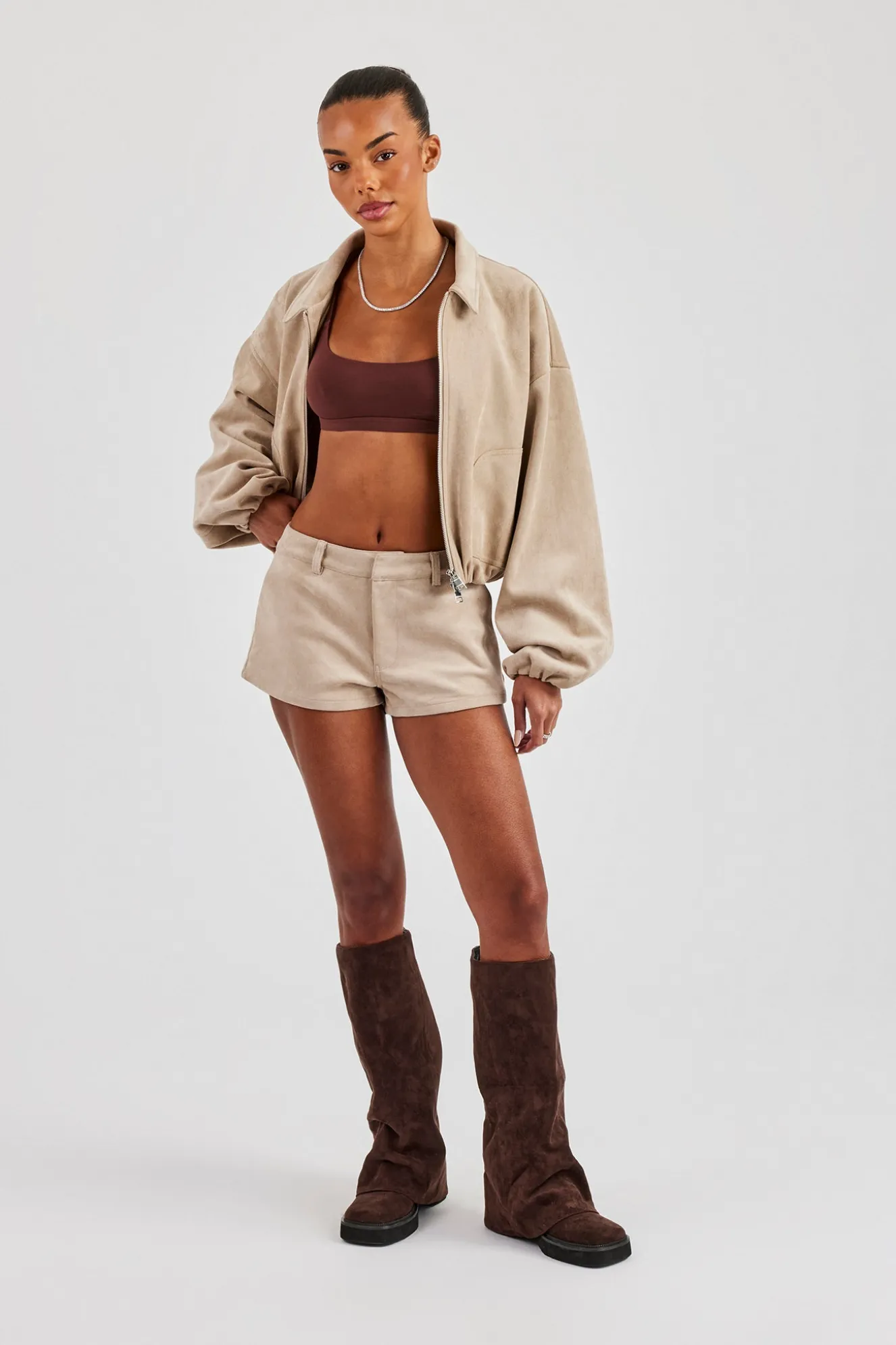Suede Collared Bomber Jacket & Micro Short - Beige