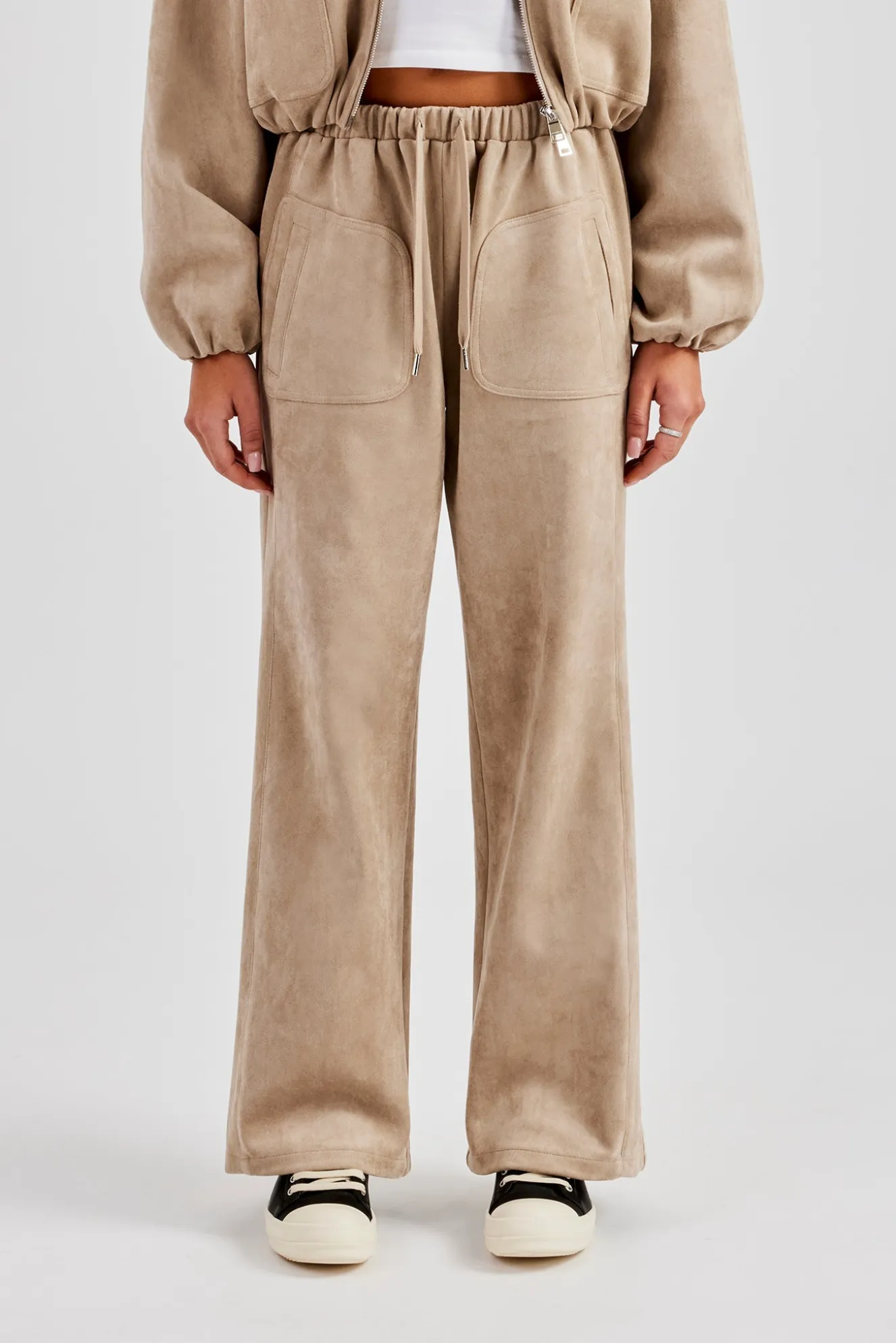 Suede Collared Bomber Jacket & Wide Leg Trouser - Beige