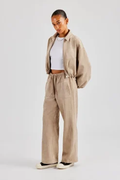 Suede Collared Bomber Jacket & Wide Leg Trouser - Beige