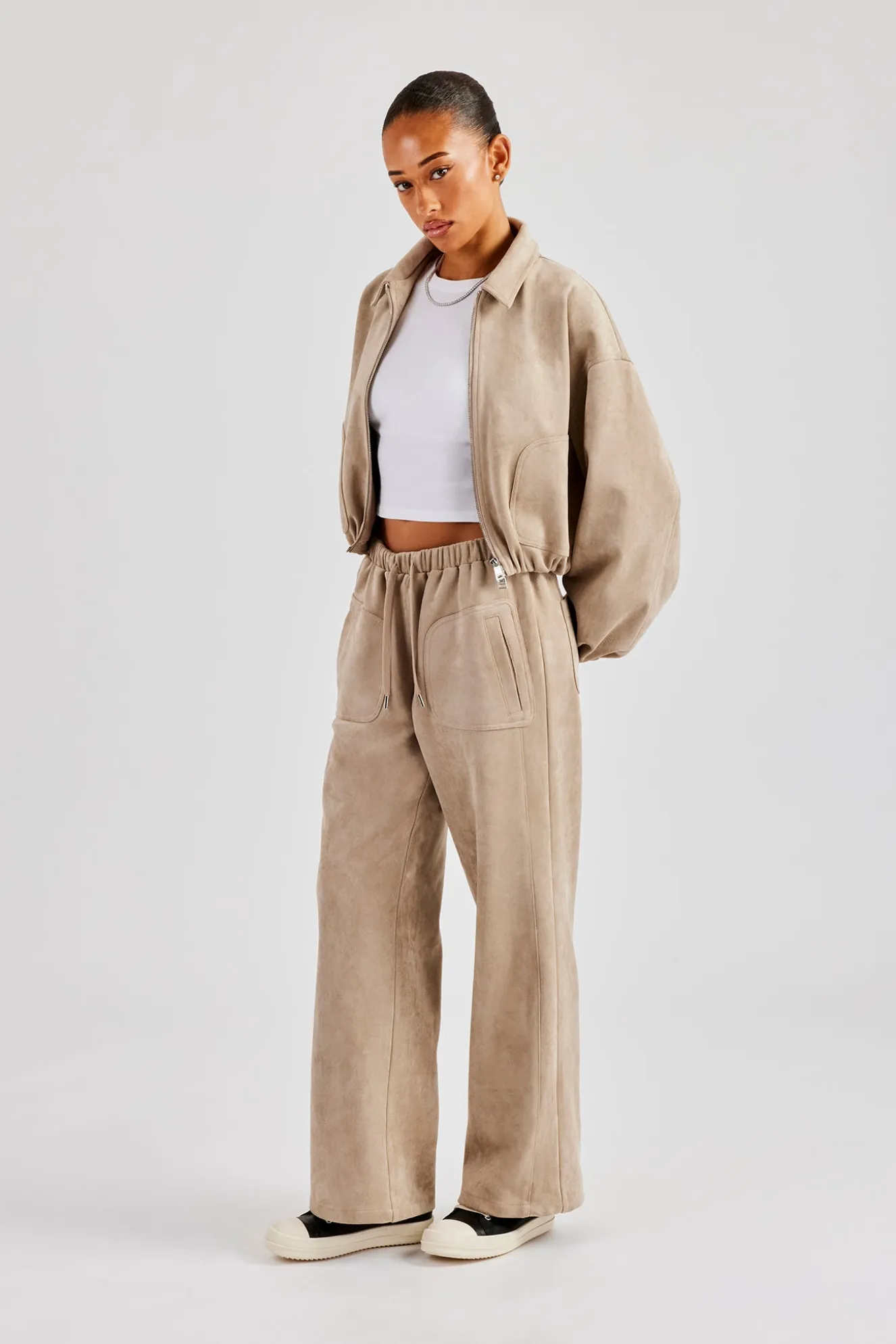 Suede Collared Bomber Jacket & Wide Leg Trouser - Beige