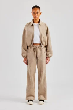 Suede Collared Bomber Jacket & Wide Leg Trouser - Beige