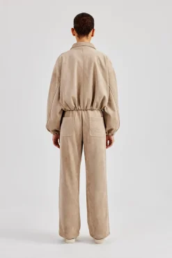Suede Collared Bomber Jacket & Wide Leg Trouser - Beige