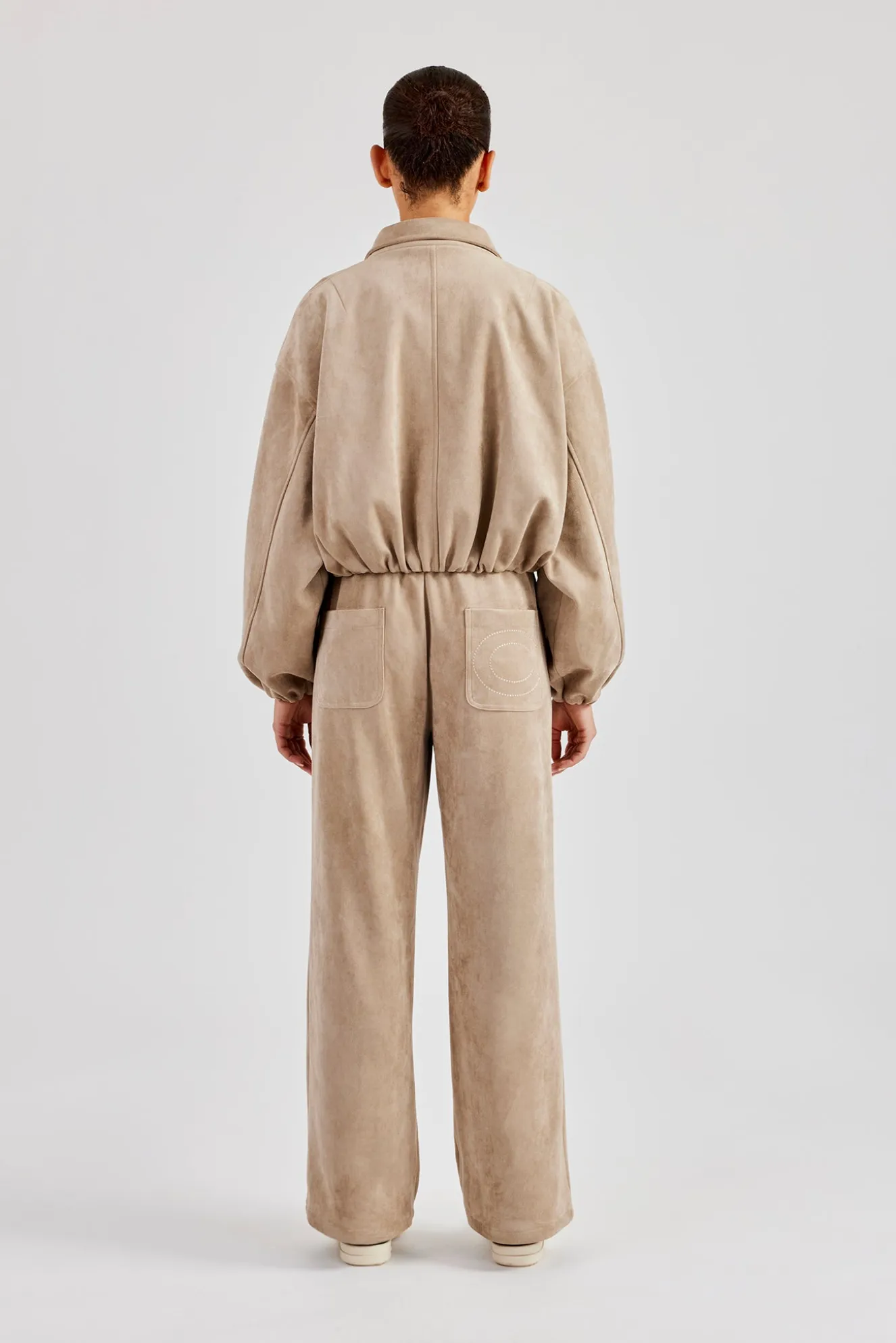 Suede Collared Bomber Jacket & Wide Leg Trouser - Beige
