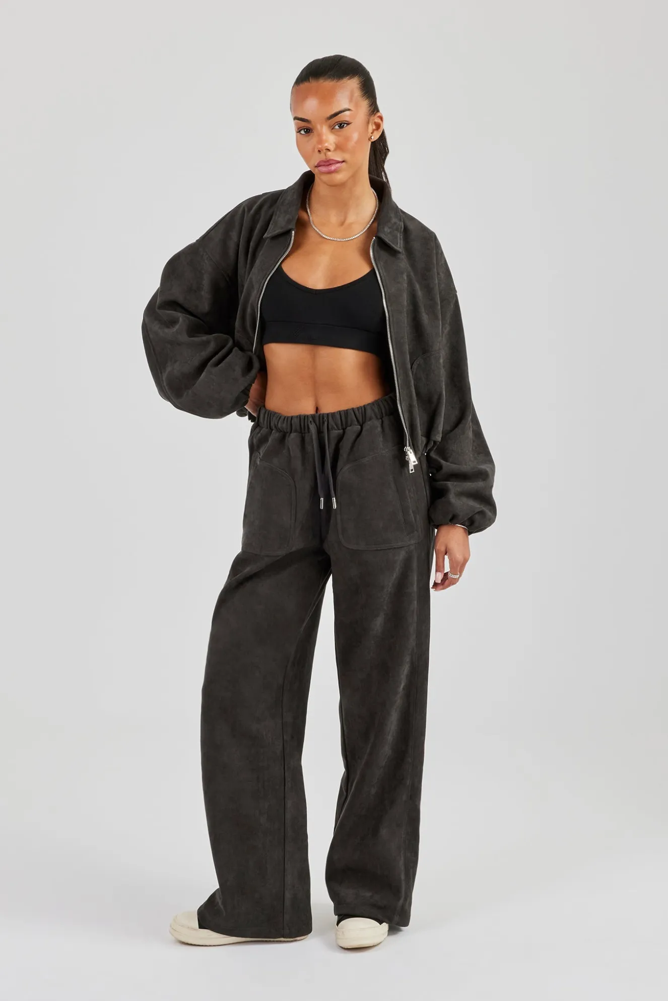 Suede Collared Bomber Jacket & Wide Leg Trouser - Charcoal
