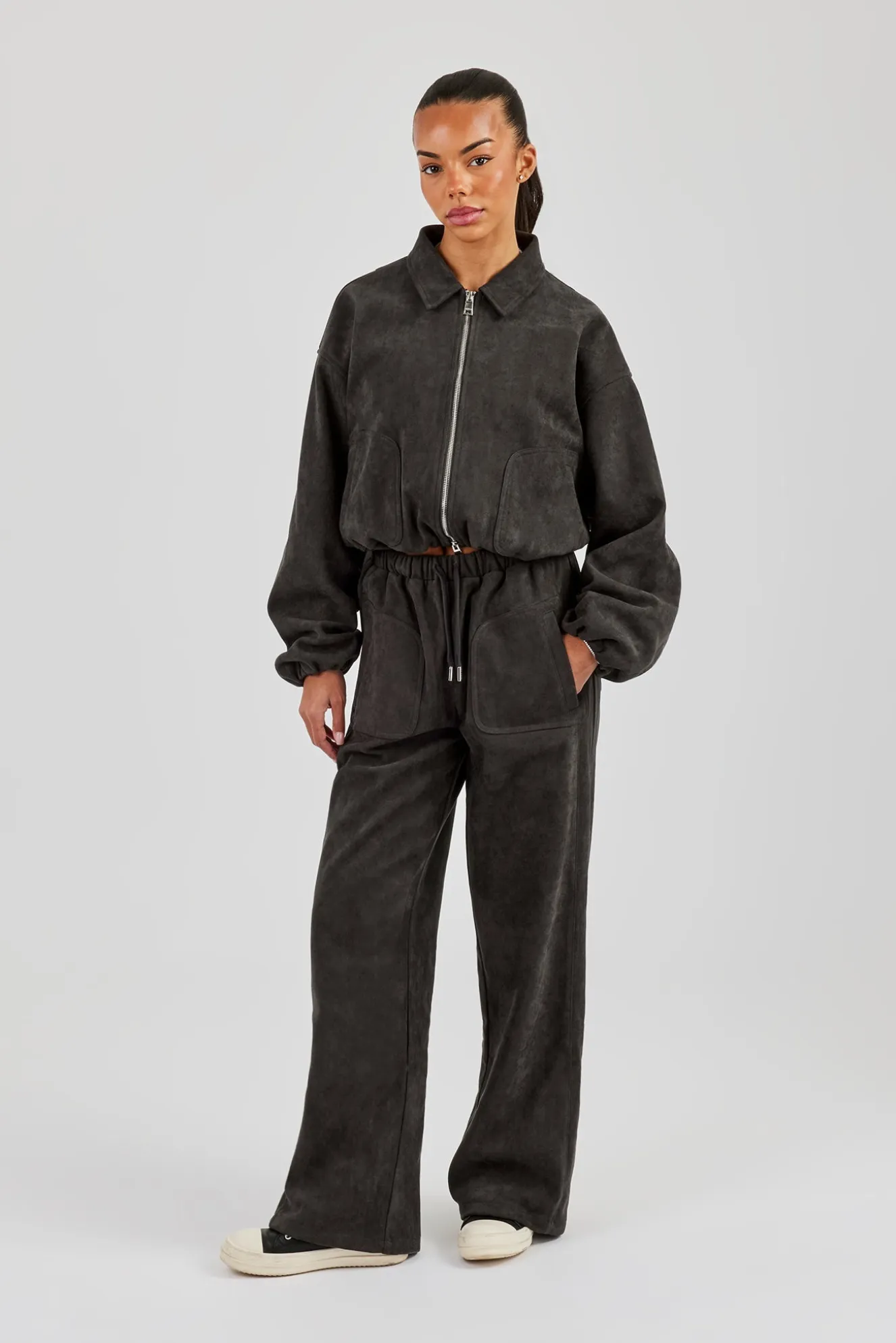 Suede Collared Bomber Jacket & Wide Leg Trouser - Charcoal
