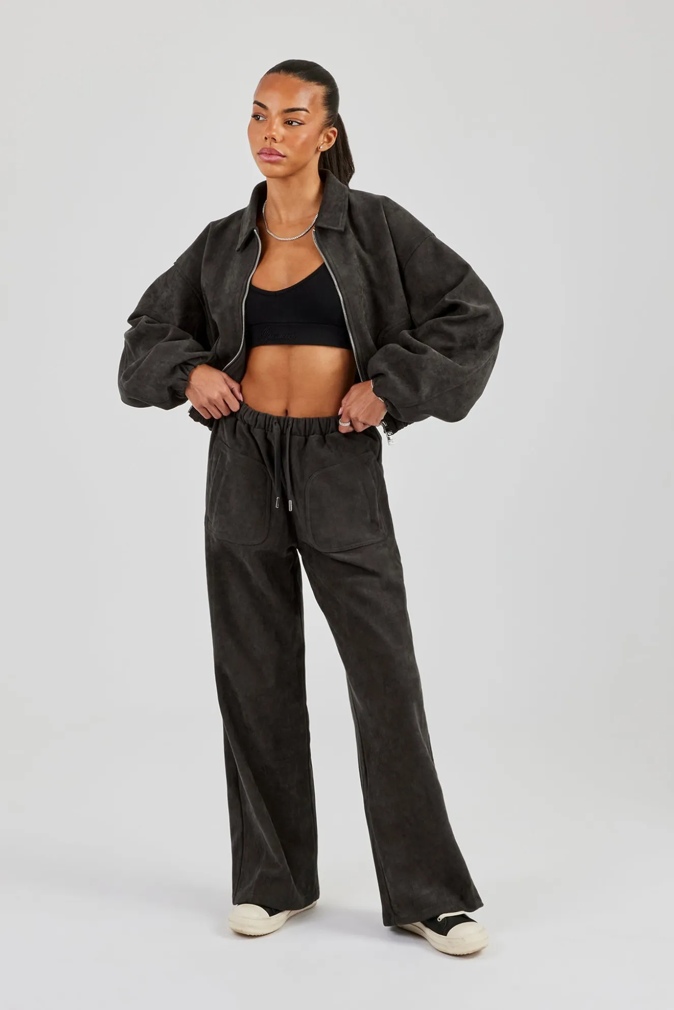 Suede Collared Bomber Jacket & Wide Leg Trouser - Charcoal