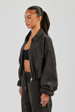 Suede Collared Bomber Jacket - Charcoal