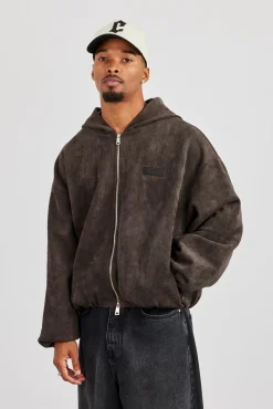 Suede Hooded Jacket With Tab - Chocolate