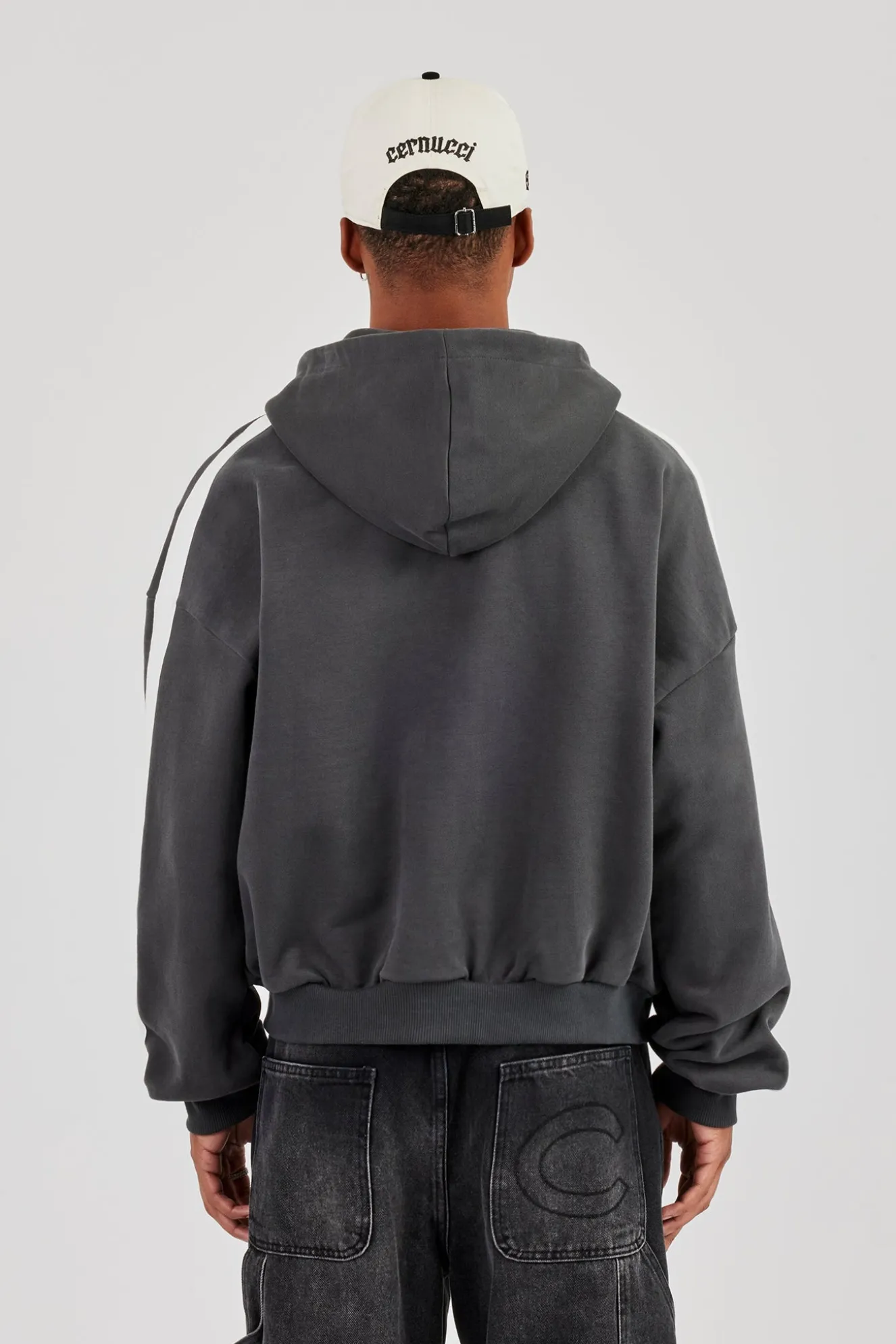 86 Taping Boxy Zip Through Hoodie - Charcoal