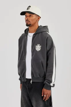 86 Taping Boxy Zip Through Hoodie - Charcoal